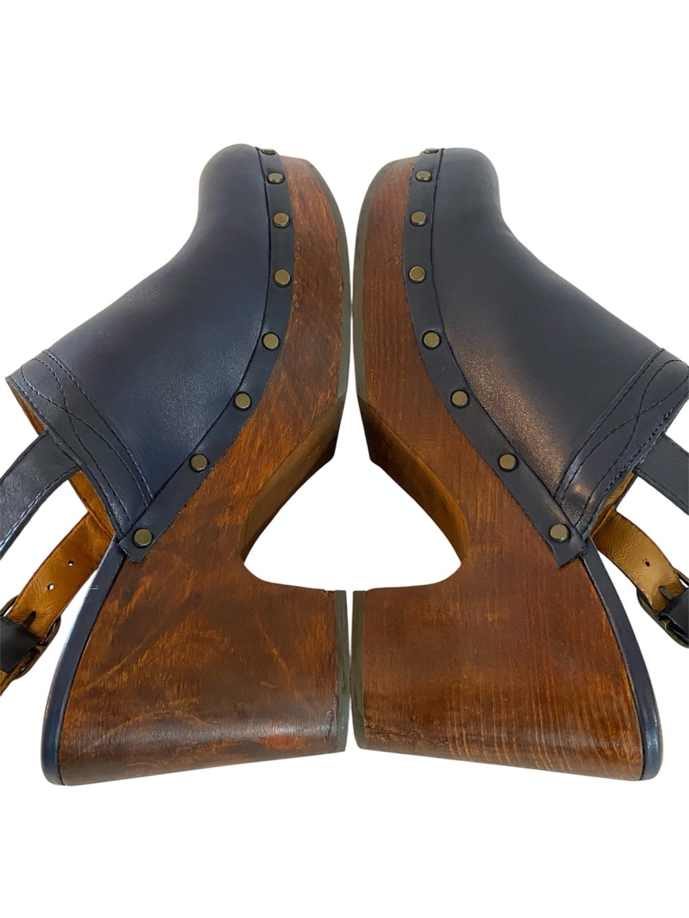 Sezane Taylor Clogs Size 10 Navy Blue Leather French Cottagecore Prairie Boho - Picture 6 of 10